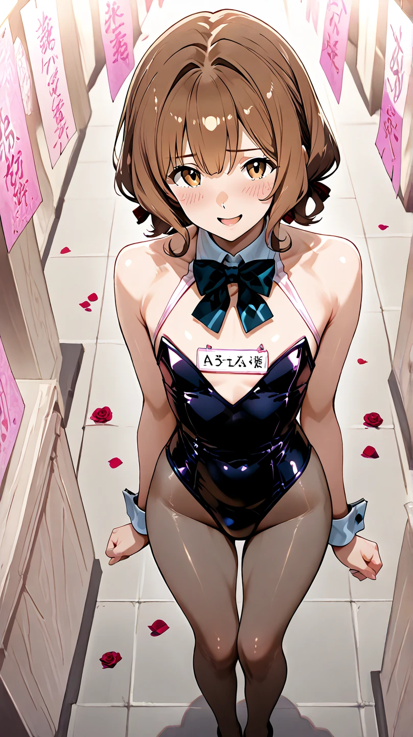 Taeko Kondo、Girls&Panzer、Brown Hair、Short Hair、((pantyhose))、Photo from below、Medium chest、Bedroom、(Doronjo)、Red ribbon、Black gloves、leotard、
