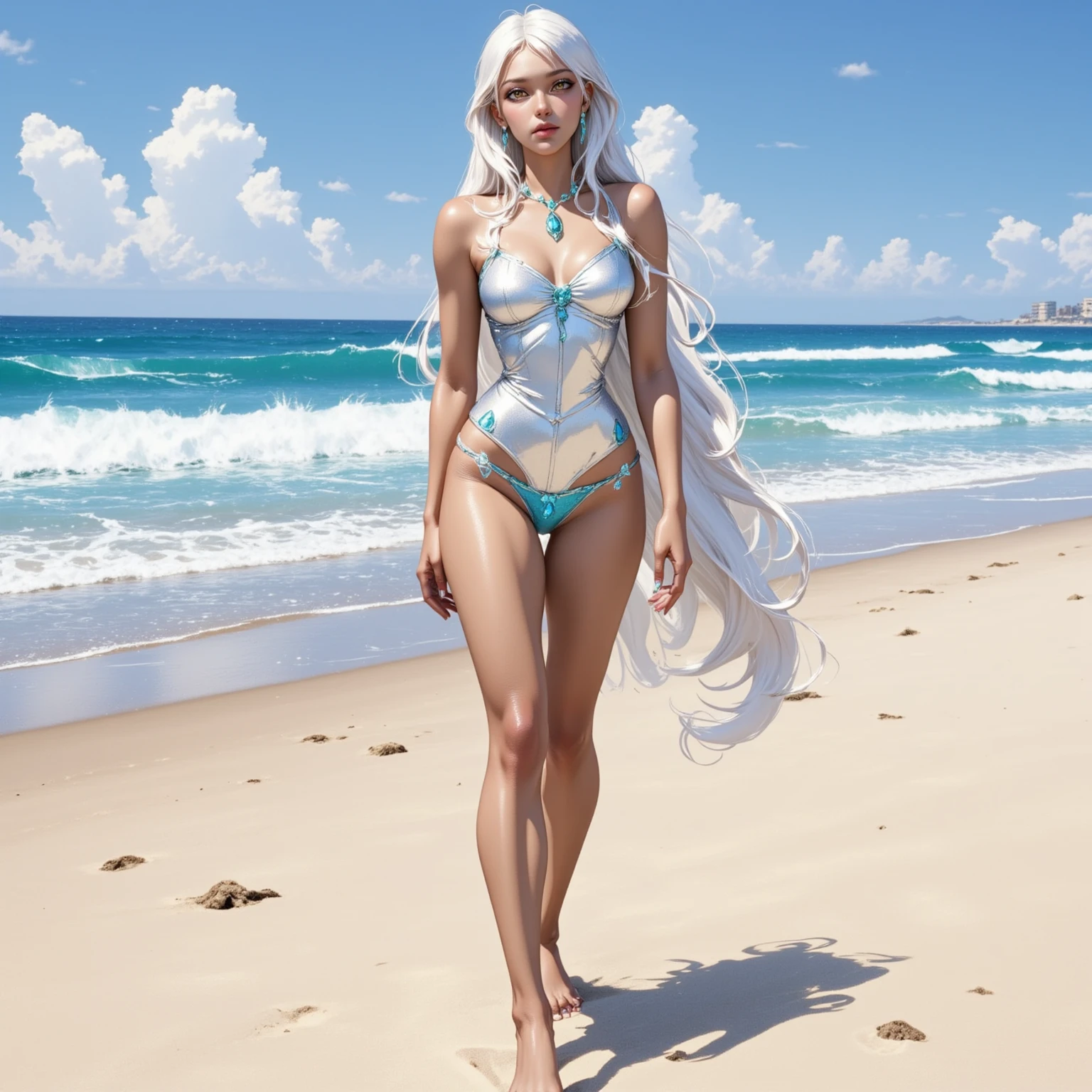 Tropical sandy beach、８ｋ、Perfect beautiful girl、Full Body Shot、White Skirt、Shining, clear, white skin、Wind-blown hair gets in the way of a beautiful face、20 years old cute sexy little beautiful face、Beautiful straight hair that stands out、growing up, Very bright light blue and white eyes、Long, silky bangs that cover cute eyes, Super long hair with hair that hides a sexy face、Sexy and pretty young woman with long natural platinum blonde glossy shiny hair、Ample breasts