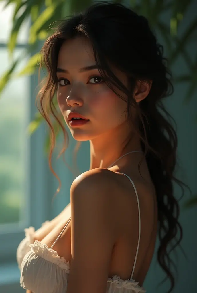 a woman with perfect white breasts, detailed face, beautiful eyes, full lips, long eyelashes, elegant pose, intricate background, detailed skin texture, soft lighting, photorealistic, 8k, highly detailed, masterpiece, cinematic, dramatic lighting, warm colors, claustrophobic atmosphere