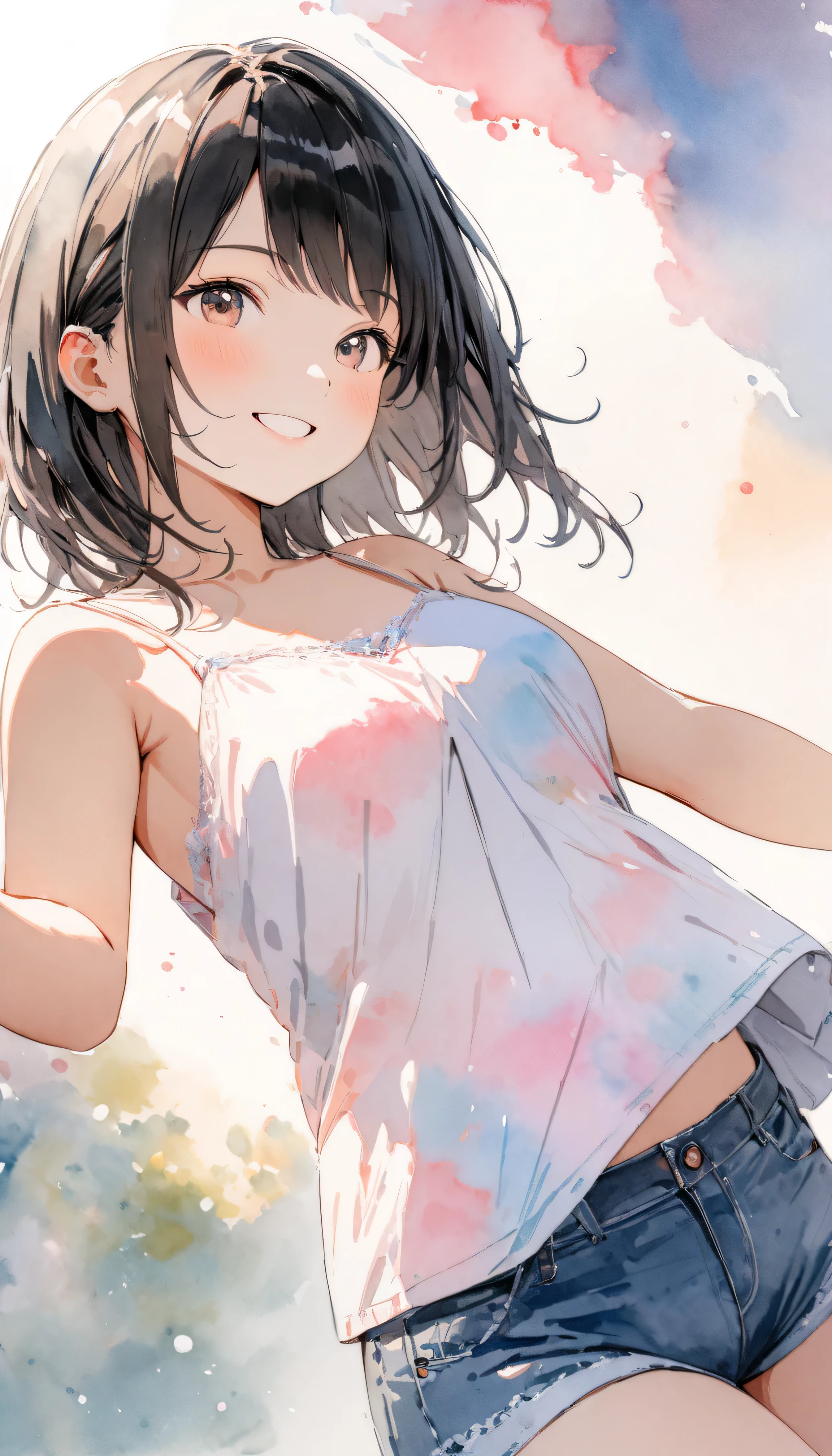 masterpiece, best quality, ultra-detailed, 8k, high resolution, White background with pastel color splashes, Watercolor Art, watercolor painting, Watercolor style, Watercolor detailed art, Watercolor digital painting, Very detailed watercolor painting, 1 girl, camisole, Denim shorts, Black Hair, smile, young, Short stature, Dynamic Angle