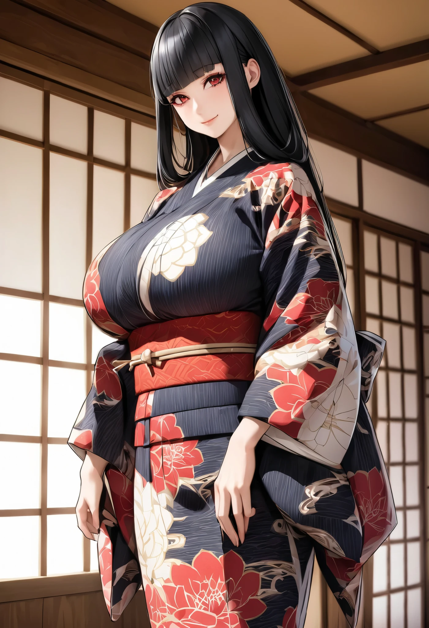 (masterpiece, 8k, Ultra High Resolution, absurd:1.2), 1 Japanese woman, (long black hair, blunt bangs), beautiful character design, perfect contrast, Japanese-style pattern with an anatomically accurate, perfect face, Beautiful and delicate eyes, expressive eyes with tongue, Red Eyes, Smile Yan, (Kimono), (saggy huge breasts), (pretty shaped ), thin waist, wide hips, is standing, in the living room