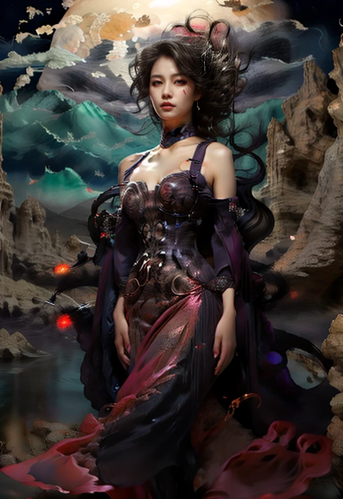 An asian woman with loose hair, standing on the stairs in the middle of a magical atmosphere, with a predominantly black and gold costume, a strapless corset-style dress decorated with bright purple jewels, a short tutu skirt, black shimer thigh-high stockings with lace tops and ornaments purple jewels, white high heels with gold decoration, grand staircase background under mysterious sky full of stars and celestial bodies, crystal detailed, hyper realistic, hyper detail Transparent clothing, Detailed gemstones, masterpiece, best quality:1.2),,(8k,highres,RAW photo,realistic,photo-realistic:1.3),(detailed skin texture,detailed cloth texture, beautiful detailed face:1.25),professional lighting,photon mapping,beautiful soft light,radiosity,physically-based rendering,raytracing, model shoot style, model shoot style, (extremely detailed CG unity 8k wallpaper), full shot body photo of the most beautiful artwork in the world (NSFW), (Nude), (big breast) (Naked), (Nipple) (pussy) (small pussy) (exposed pussy) (Navel)