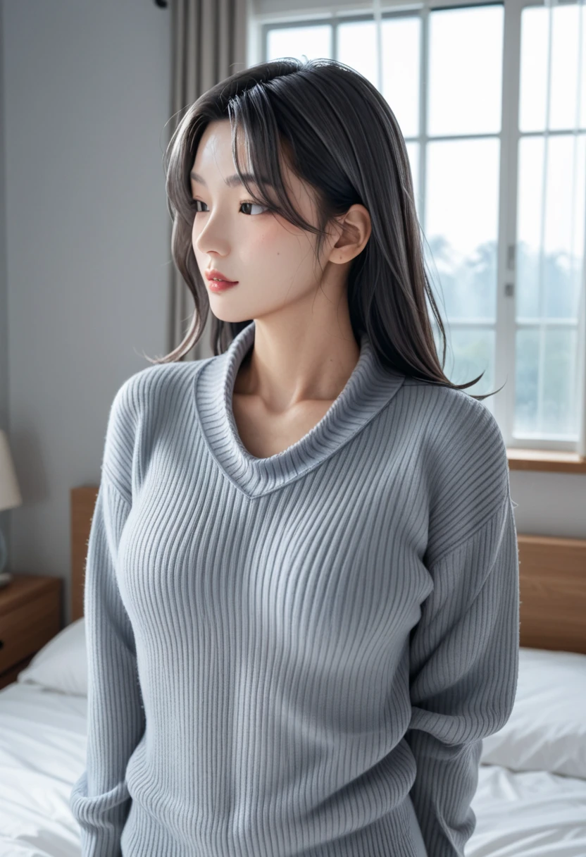 Indonesian girl 19-year-old Hairstyle fashion Casual, F Cup Breasts wearing crewneck dress in mall