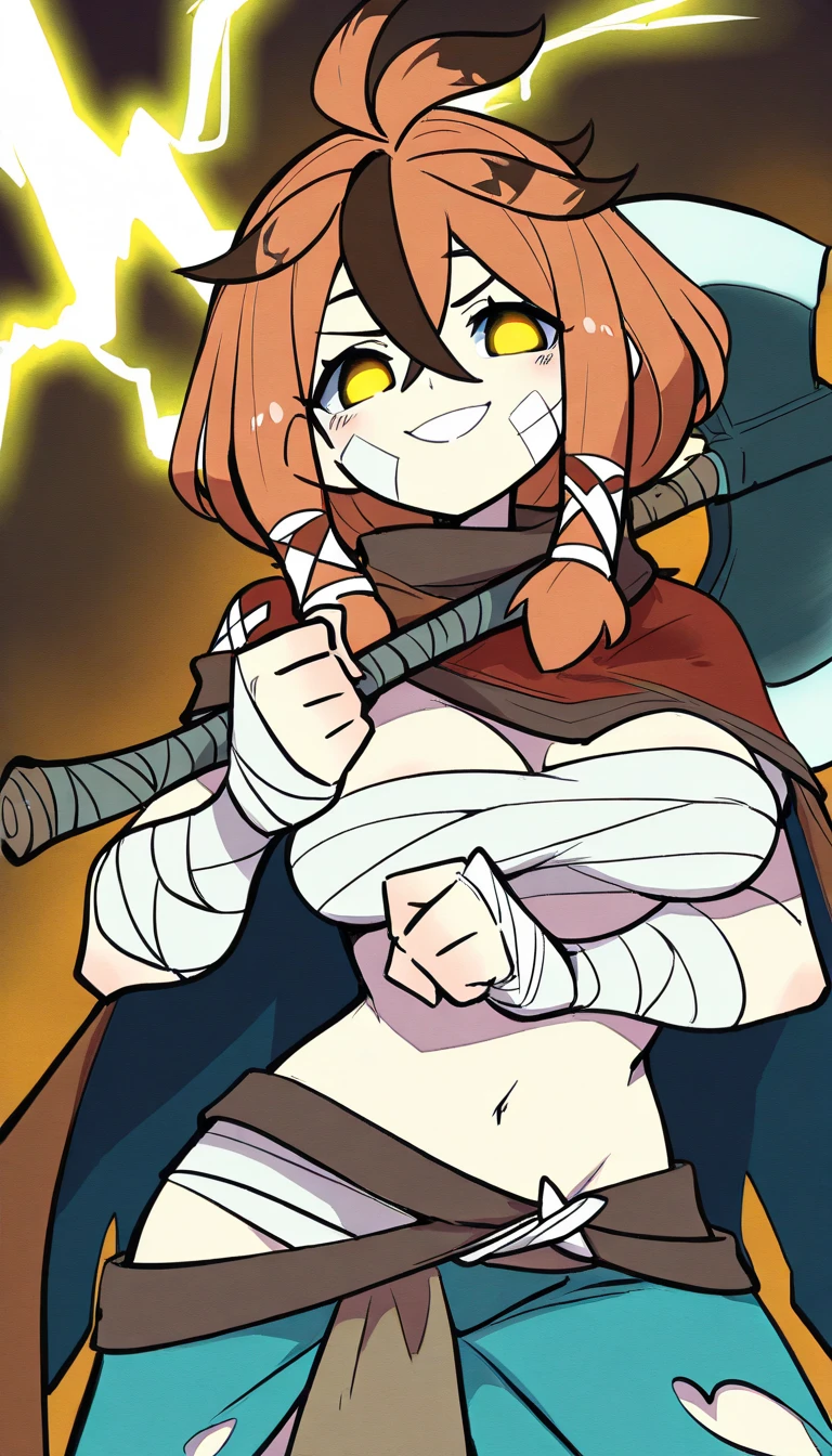 1 girl, solo, oni, large breasts, 2 oni_horns on own head, perfect anatomy, muscular, tank top, gorgeous woman, mature woman, black knee-high socks, long skirt, brown eyes, long wavy black hair, holding a very detailed axe, grinning teeth, eyes closed