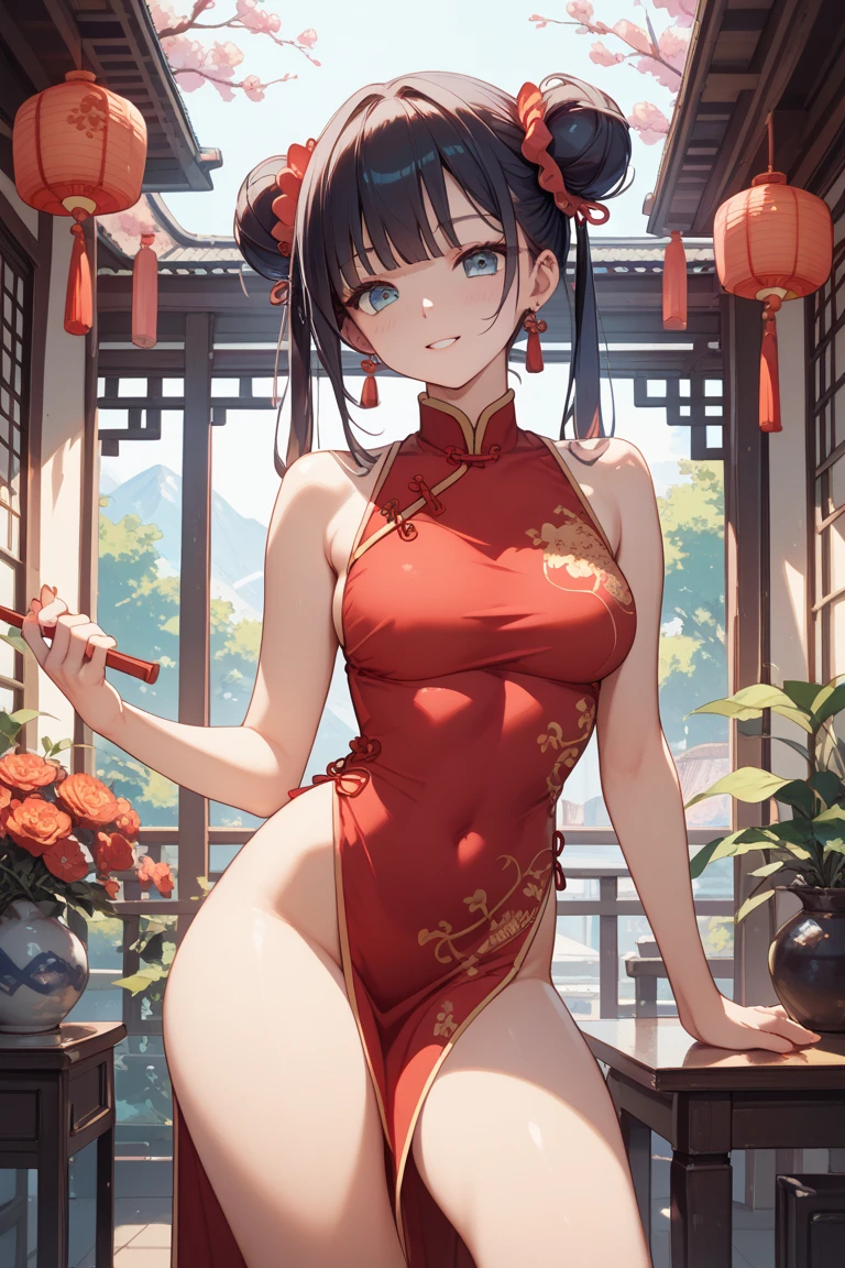 (score_9, score_8_up, score_7_up, score_6_up, score_5_up, score_4_up), masterpiece, best quality, high_resolution, 8k, UHD, 1girl, detailed, extremely detailed, best anatomy, (large breasts), (twintail), short hair, short twintail, brown hair, orange eyes, indoor, in room, chinese dress, chinese clothes, flat expression,  red chinese dress, red clothes, sleeveless, seductive look, 