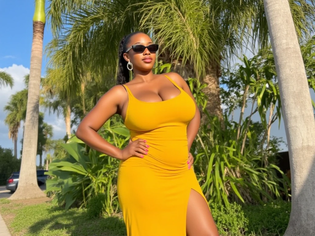 very huge breasts, dark skin, yellow hair, short hair, Happy smile, realistic and detailed hands, realistic and detailed face, realistic and detailed tooth, realistic and detailed foots, realistic and detailed face, full body image, aviator sunglasses, park, sitting on bench, yellow short dress, very muscle, heavy rain, skin and clothes wet.