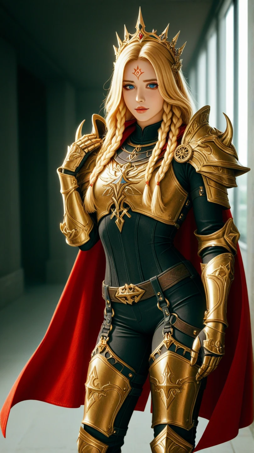 8K,holy knight with sword,Gorgeous black and red extra large chest armor(An elaborately crafted noble coat of arms),luxury black and red pants,super beautiful(like the real thing),ultra high resolution,Super realistic,realistic skin,blonde curly hair,big blue eyes,muscular slim body,クールなsmile,purple rouge,background,battlefield,Gorgeous black and red shoulder armor,Gorgeous black and red waist armor,Luxurious black and red instep,fantasy art,character art,battle scene,action scene,action pose,sexy cleavage,paladin,Looking down on her big cleavage from above,masterpiece,masterpiece,Photorealistic RAW photos of the highest quality。bright colors,rich colors, Backlight, cinematic lighting, film grain, to be born, 50MM lens, Nikon D850,realistic skin,fantasy art,character art,ultra high resolution,realistic scale skin,golden eyes(Golden Glitter Effect),smile,