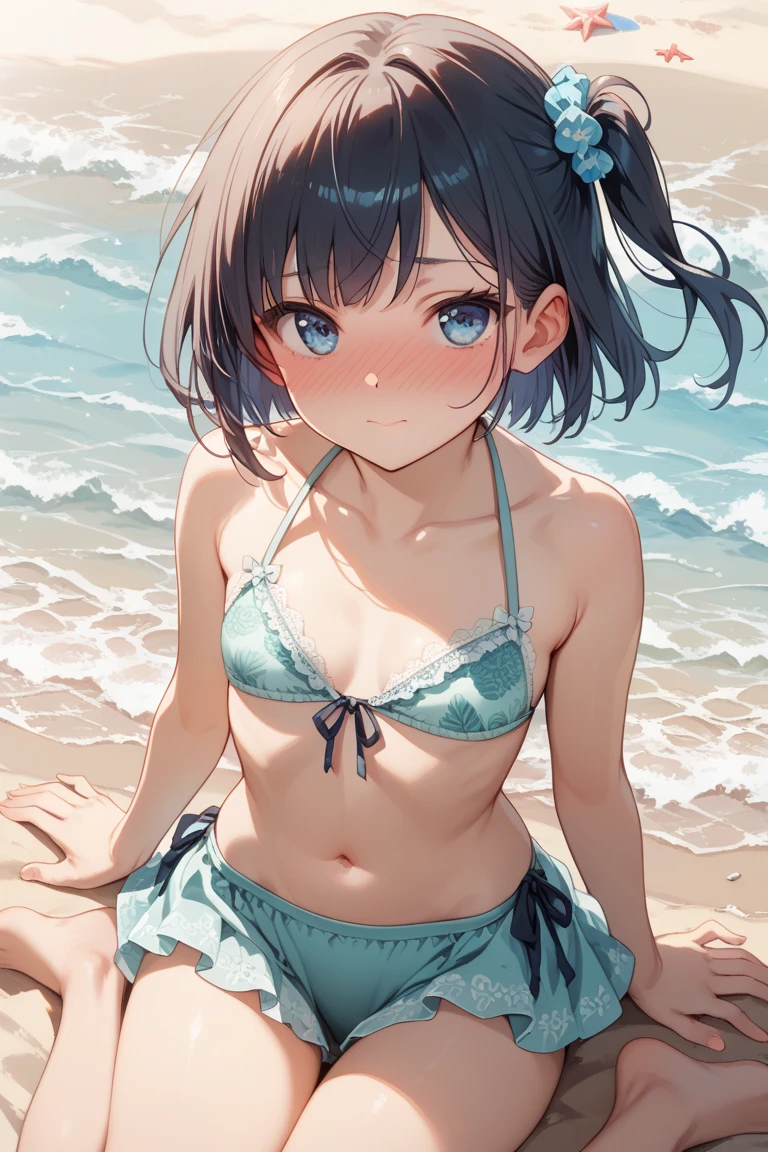 (masterpiece), highly detailed, best quality, 1girl, flat hair, immature, young, ahoge, ShigureKancolle, black hair, fine detailed shiny blue eyes, one braid, hair bow, parted lips, embarrassed, small breasts, looking at viewer, bikini, beach