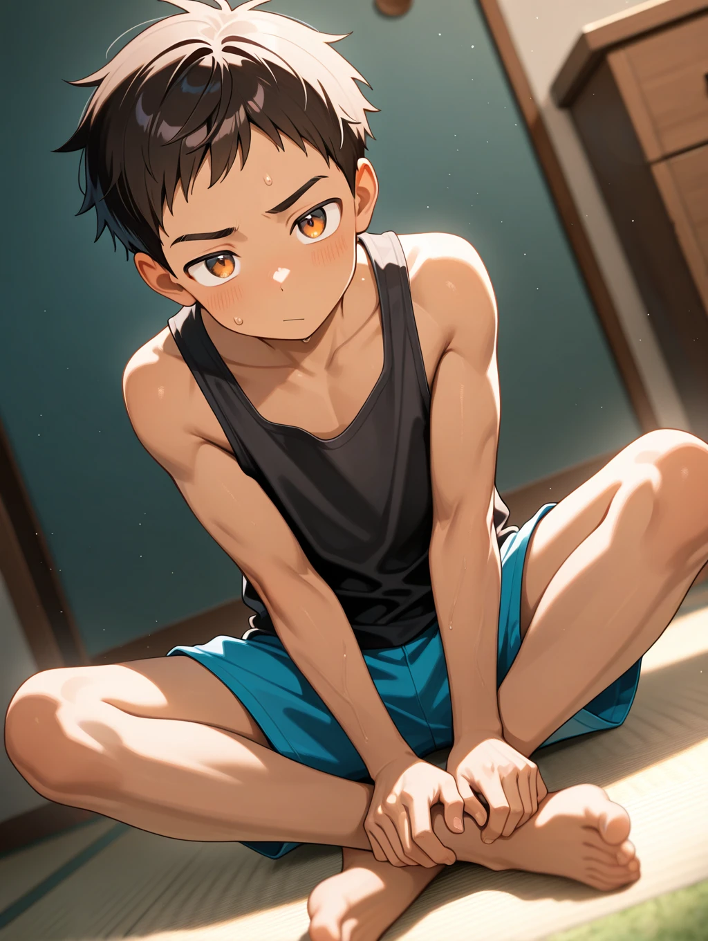 1 young boy sitting, Her hair is brown, side bangs (8 centimeters), your brown eyes with a serious look, YOUR TANNING SKIN, he is wearing underwear with a medium bulge