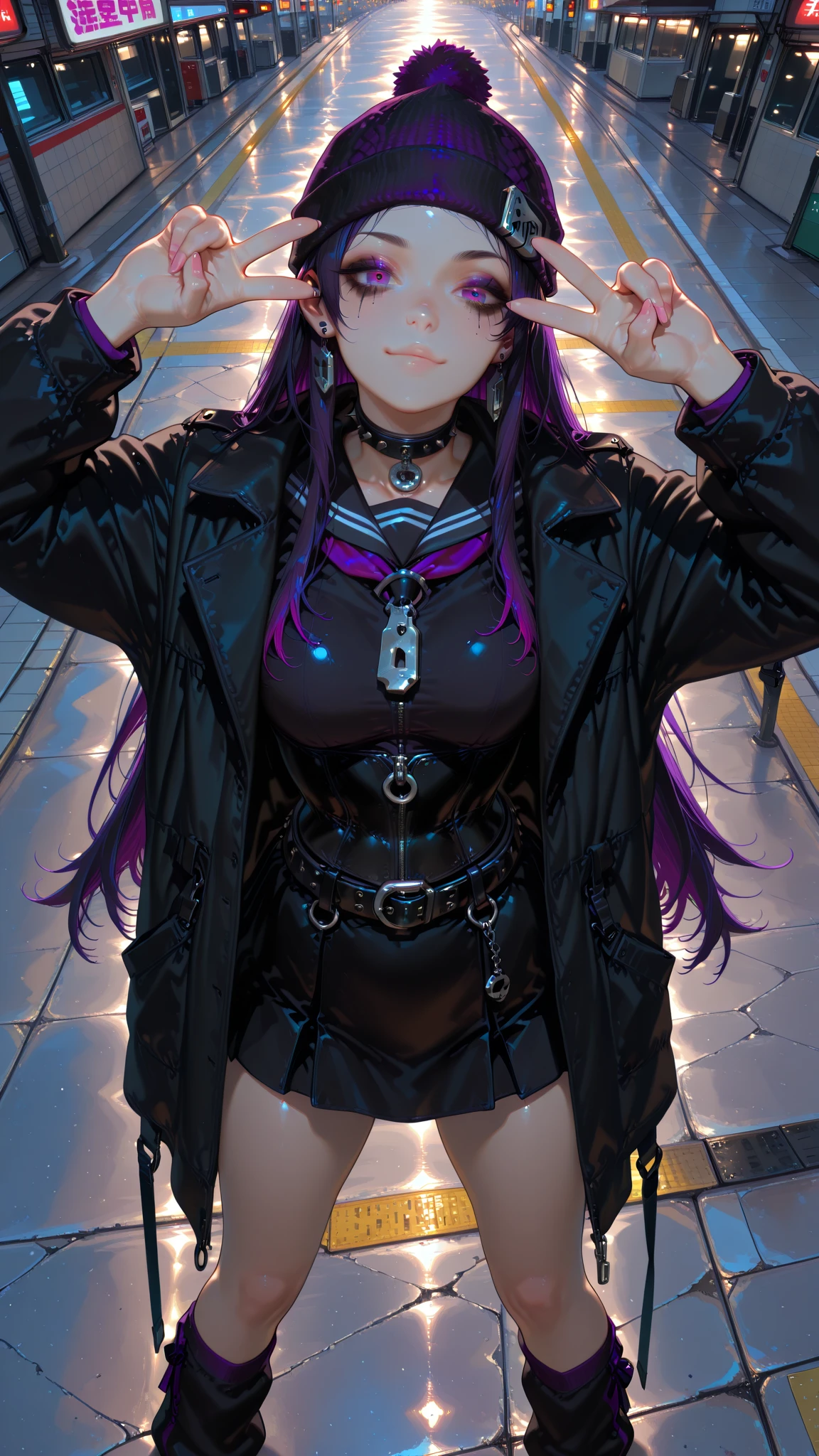 (Very Aesthetic),perfect anatomy,neo-gothic Ikebukuro woman,dark,Sagittal,(166cm),23 years old,BREAK,slender body,Waist,My toes are long ,Gloss Skin,Fair skin,dark haired,Edo purple hair,Multicolor Gradation Hair,straight long hair,BREAK,(Black Long Jacket with Multiple Zippers Outside Sailor Style),Inner Button Corset Short Skirt Black Dress,BREAK,Outer Layer Sailor Style Zipper Black Long Coat,black ribbon leg warmer,Knitted Hat with Large Clip,Studded neck belt,earrings,BREAK,Neo thick makeup,BREAK,(Ikebukuro Station Background, Toshima City, Tokyo :1.3),Brilliant City Light,(Active peace sign pose ),(high angle:1.3),ambient light,(dynamic shadows:0.8),BREAK,(God's miracle masterpiece:1.2,BREAK,Best High Quality,High Quality:1.2, Unity 8k )