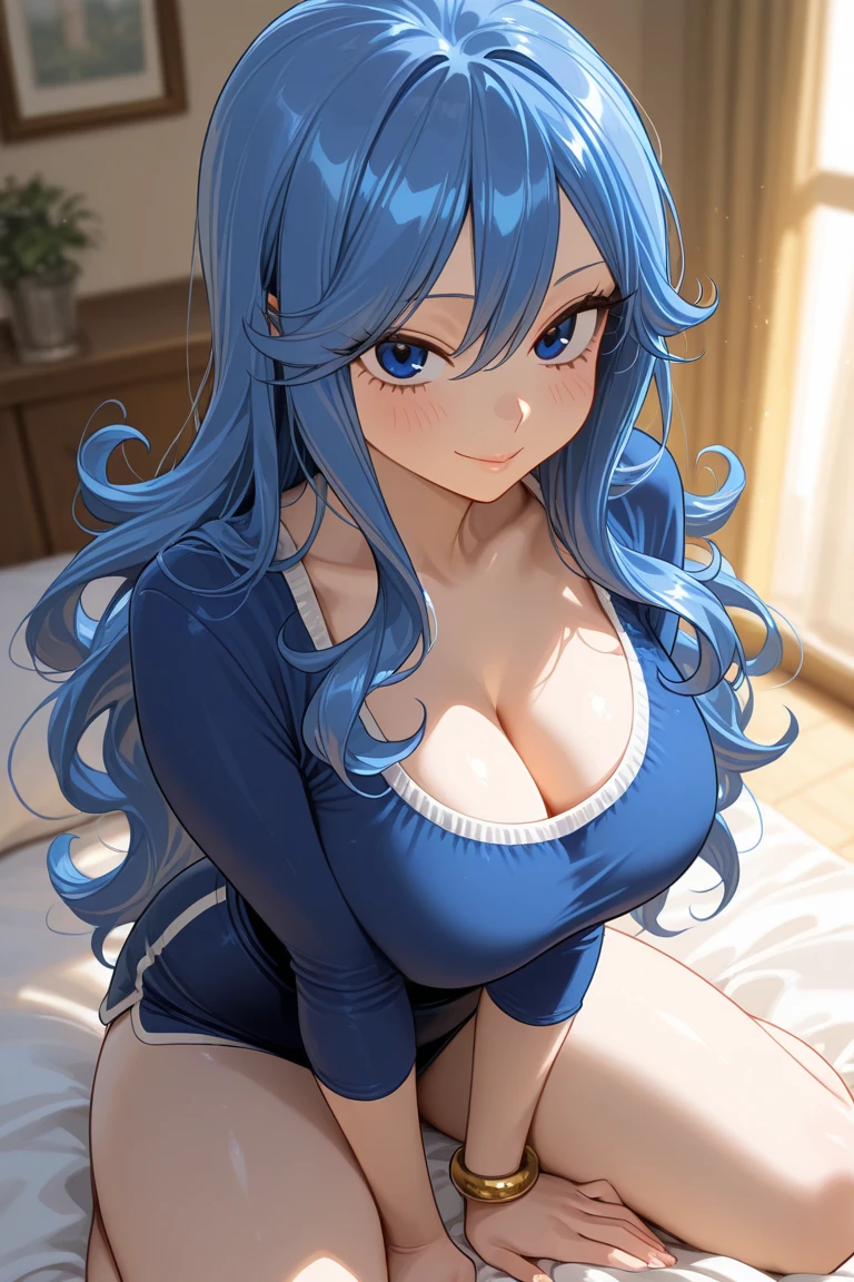(8k, RAW photo, best quality, masterpiece:1.2), (intricate details), perfect eyes, perfect face, perfect lighting, beautiful, (masterpiece:1.2), (best quality:1.2), 1girl, Marinette, blue hair, ((long flowing hair)), adult torso, 19 years old, slight smile, huge sized ???????, cowboy shot, 3DMM, sitting on desk, profile, side view,