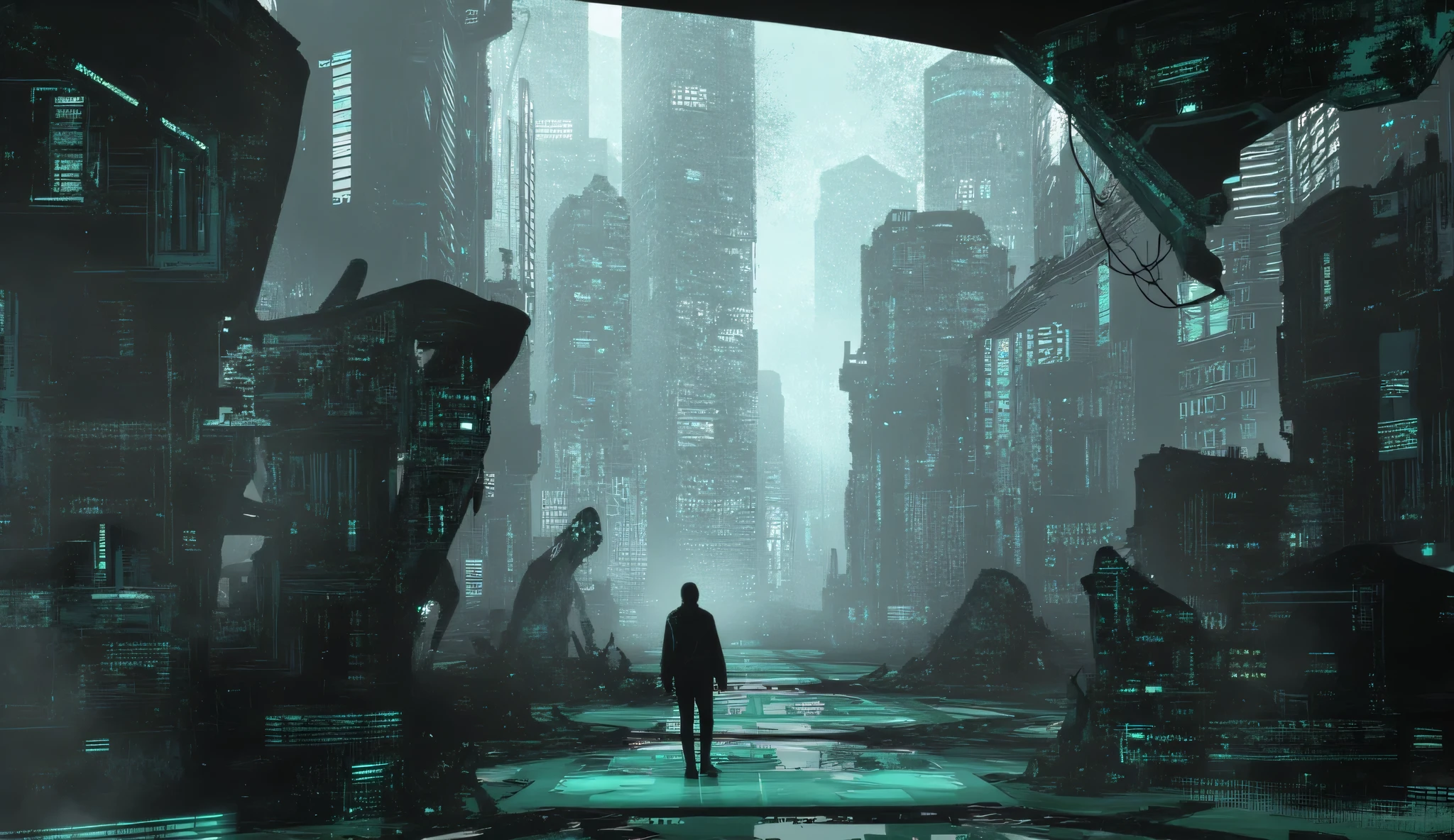 Fragmented reality, glitching, abstract landscape, fragmented, surreal cityscape, broken system, dark ambience, high detail, hyper realistic, 4K, masterpiece.