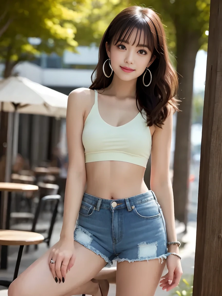 Araf woman in gray tank top and denim shorts posing for photo, Sakura Miyawaki, photo of slim girl model, Japan female fashion model, female model, fashion model, thin waist, standing figure, frontal, smiling, beautiful breasts, long hair,