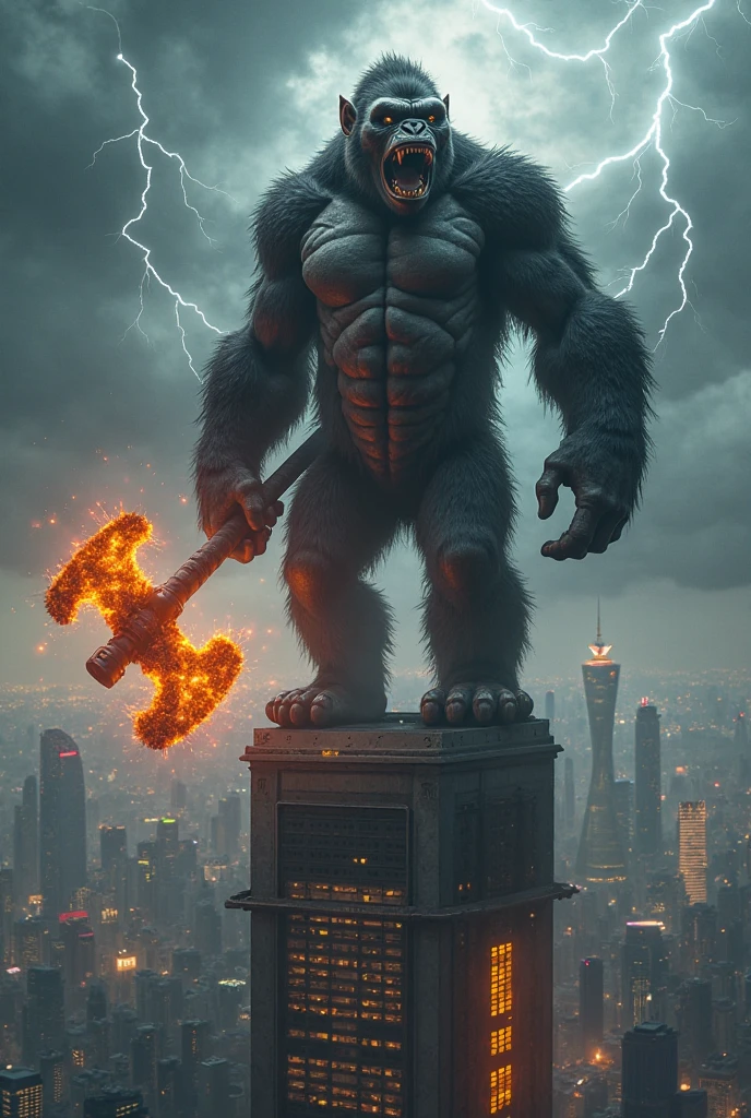 King Kong with crystal hammer with hand with standing pose cyber neon city sunset background war planes crash 