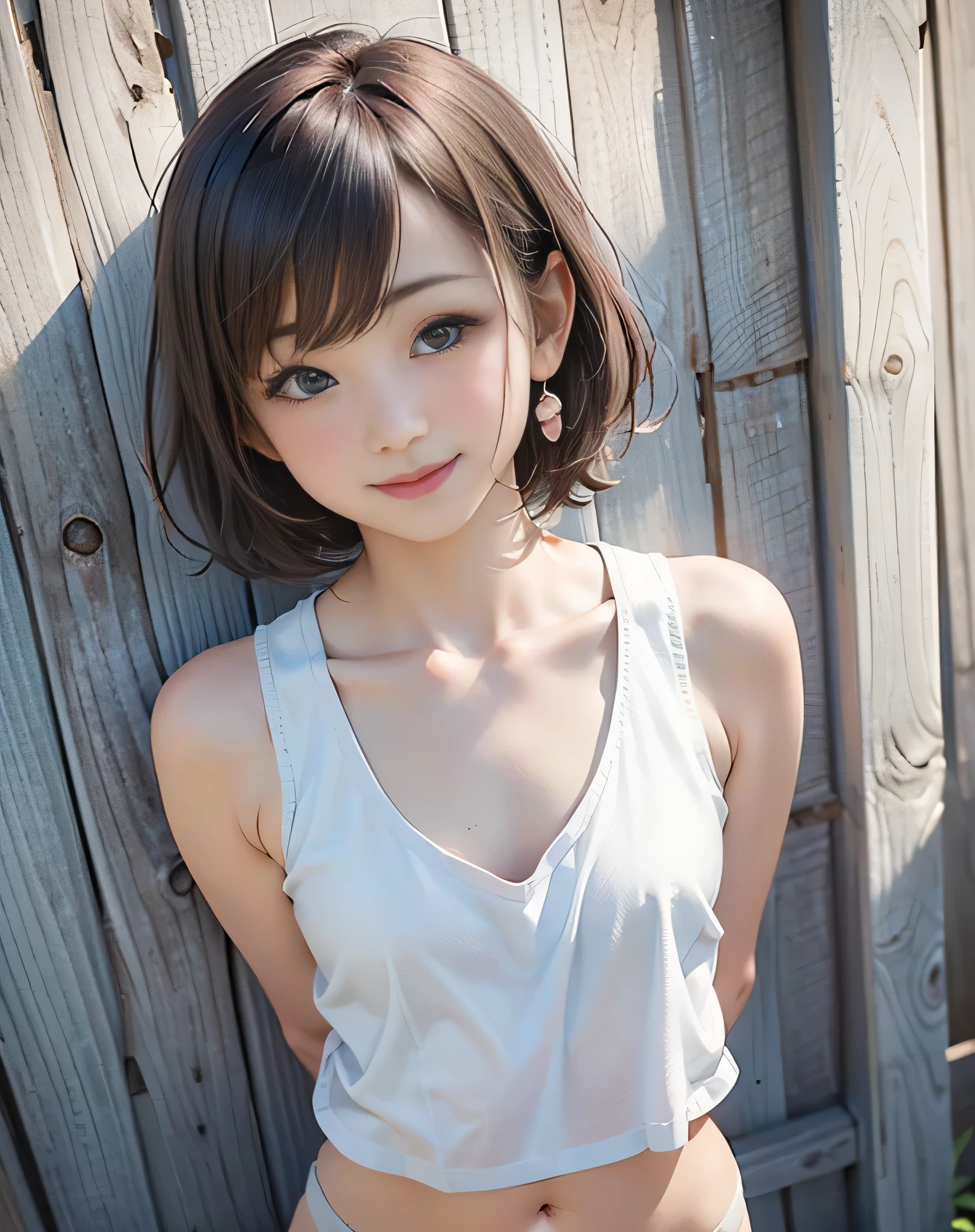 ((sfw: 1.4)), ((sfw, extra short hair, sidelocks-hair, 1 Girl)), Ultra High Resolution, (Realistic: 1.4), RAW Photo, Best Quality, (Photorealistic Stick), Focus, Soft Light, ((15 years old)), ((Japanese)), (( (young face))), (surface), (depth of field), masterpiece, (realistic), woman, bangs, ((1 girl))