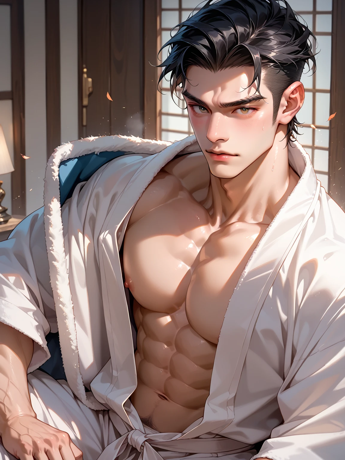 a male, big butt, big breast , wearing a crown, filler-lips , short black male style hair, wear a sexy Chinese clothes, show off his big breast, sitting on a chair, simple background, bare tit, big areola