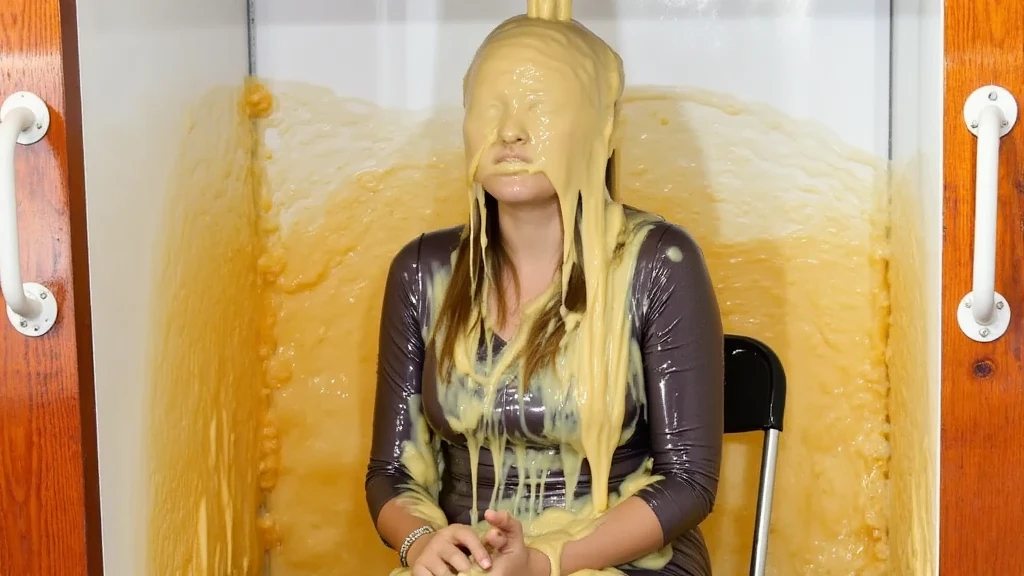 A Brazilian woman in a wheelchair with her mouth open and a lot of white milk running out of her mouth.