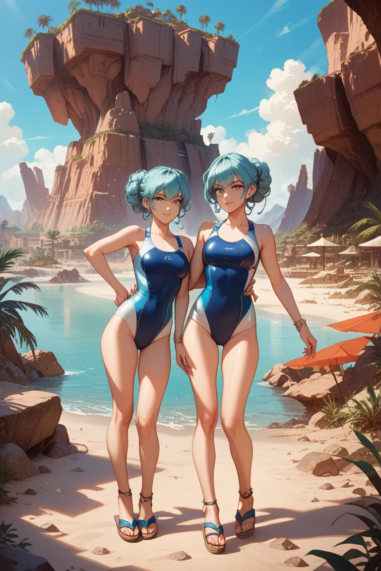 (((solo,1woman, mature, alone))), fuu, ((short hair, hair ornament, aqua hair, glowing orange eyes, wide eyes, lipstick, makeup, narrow waist, skinny, medium breasts)), pelvic curtain, ((orange bikini)), full body, perfect body, (insanely detailed, beautiful detailed face, masterpiece, best quality), (extremely detailed 8k paper CG wall unit: 1.1), (konohavillage, konoha gate walls, river, lake, tree, mountain, flower, at dawn, zebra cross, cloudy sky, cloud, dusk), (smile face for the viewer), cameltoe view, cameltoe, View from above, Diagonal view