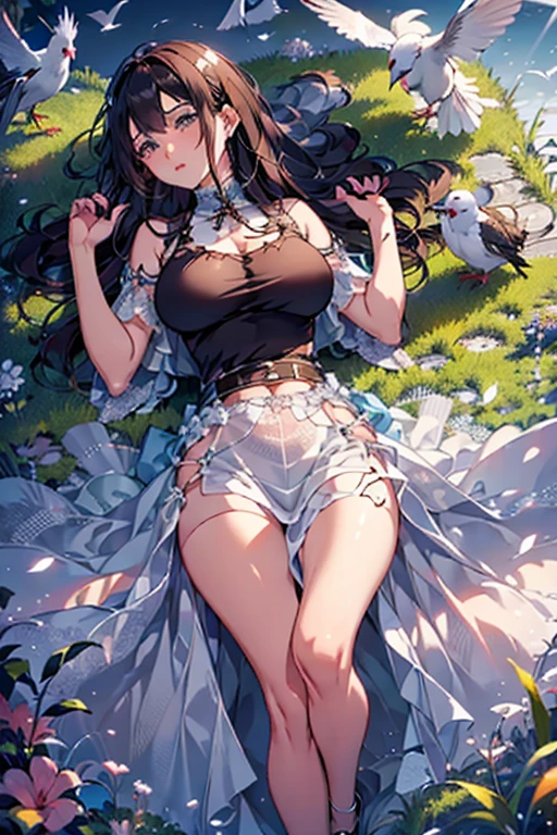 (masterpiece, Highest quality, Highest quality, Official Art, beautifully、aesthetic:1.2), (One girl, cute:1.2), Very detailed, colorful, Most detailed ((Very detailed)), (Highly detailed CG illustrations), ((Very delicate and beautiful)),(Outdoor, nature, country, Mountain, Have, Black Hair, Long Hair, blue eyes, Large Breasts, Particles of light, Lens flare, Depth of written boundary, Shine, Bokeh, 斑点模様のDay光, Day, Seraphim, , Trekking shoes, Ribbon choker, sunflower:1.2), Large Breasts