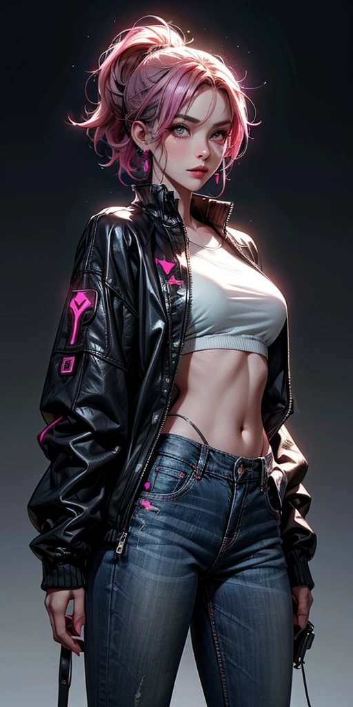 adult, gothic, girl face, serious face, provocative look, hair: undercut, cybernetic, cyberpunk, ciborger tattoo, blue and purple hair, perfect body, fit body, white shirt, jacket: black, jeans, muscular, background: street, night
