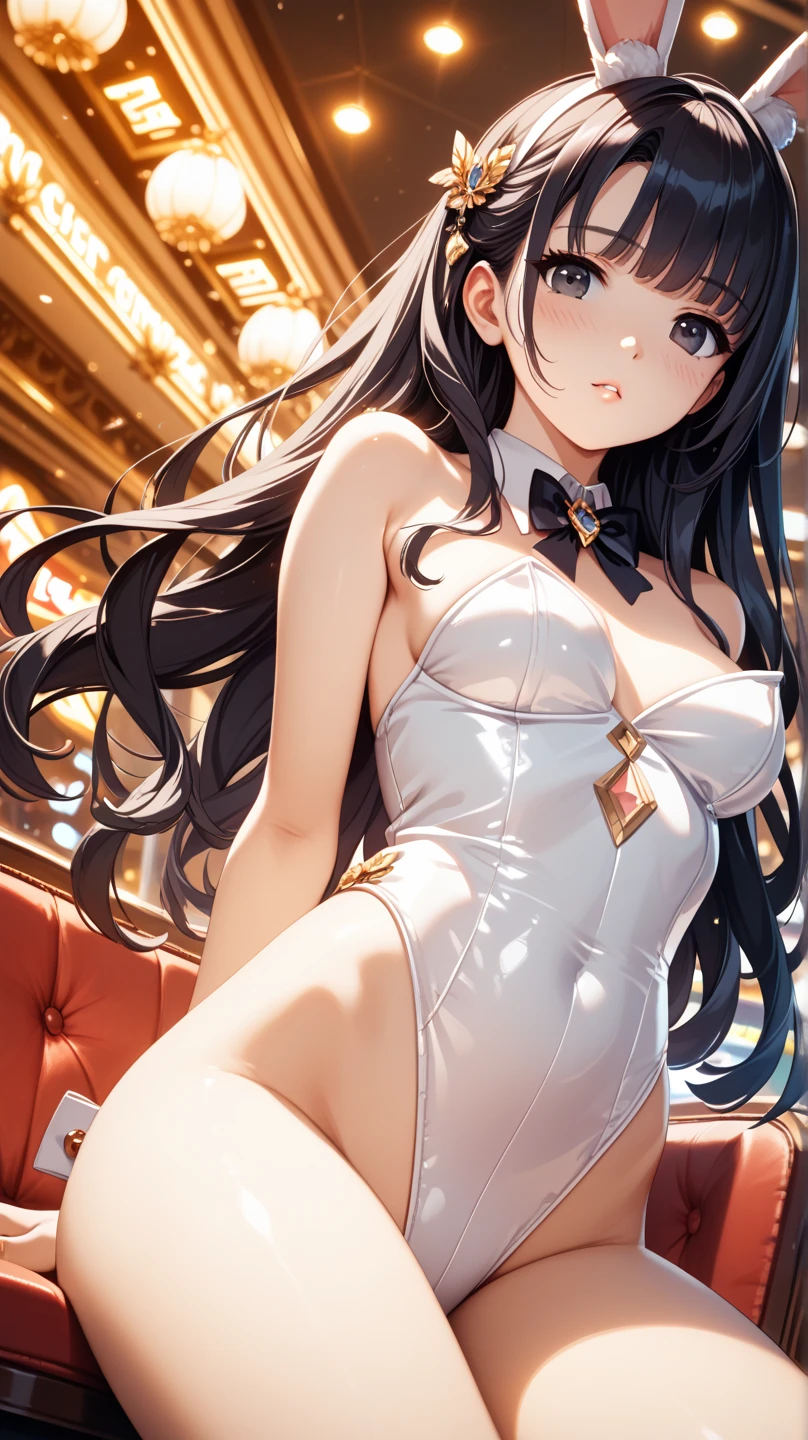 1womanl,Black hair,14years ,(()),Beautiful breasts,(((sexy white shiny bunny suit)))(())(((Blushing cheeks、Smile with open mouth)),(((Satin Narico))),((( portlate))),Crowds,White bunny suit