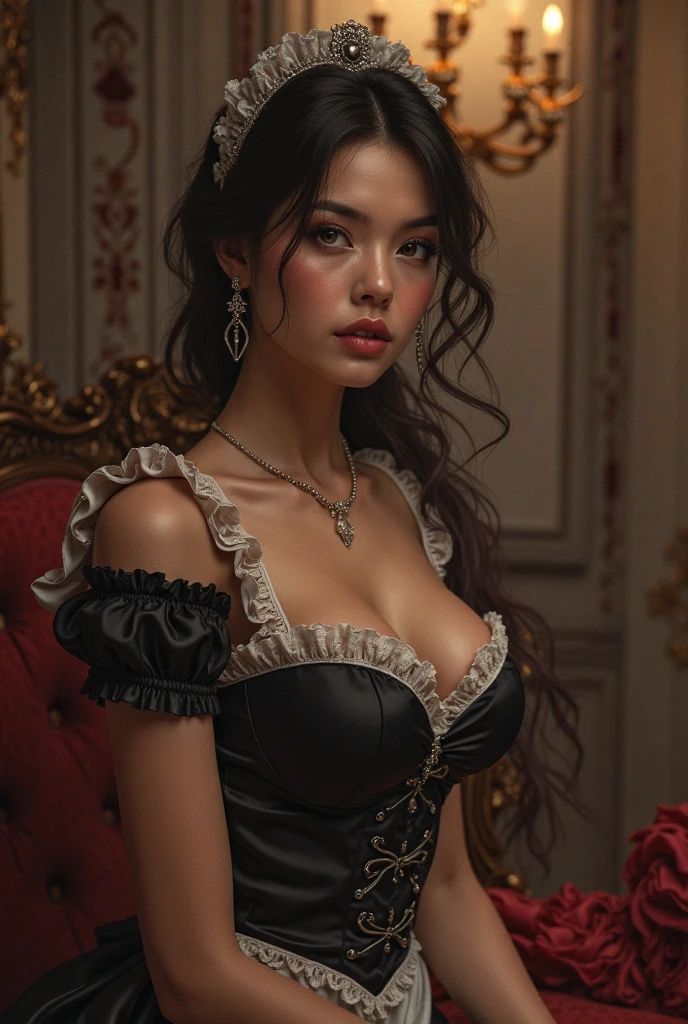 a woman with ((long curly hair)), 18 years old, smiling, sexy body, wearing red dress with colorful layers and full skirt,((Victorian style )), ((Half Body Shot)), in the background bedroom with bed covered in colorful cushions ((Victorian era decoration)), Daeni Pin Style, [Daniel F. Gerhartz Style::0.5], UHD Image, Hire, 8k, Photo-realistic, Epic Lighting, Sharp, Realistic, Romantic, Focus,