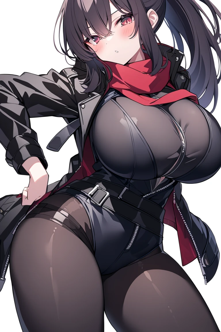 1girl,solo,super detailed skin,shiny skin,wet oily skin,natural face,lips gloss,eyelashes,half open eyes,glowing red eyes,red hair,blunt bangs,sidelocks,a braid,large breasts,body suit,Shinobi clothes,fishnet,unique black boots,from below,simple background,masterpiece,best quality,ultra detailed,high resolution,sharp focus,depth of field,