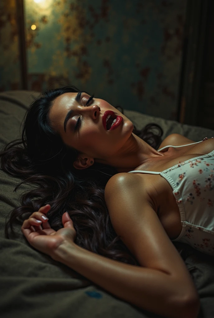masterpiece, best quality), (Sexy female super star is bound as a slave:1.6)(Tall and slender:0.8),Set in a medieval fantasy world:1.0、 ( in bed:1.3), night, Detailed aspects, very attractive:1.0, ((Sleeping with mouth open:1.5)) Big breast:1.5 (Closing her eyes, she wants to sleep:1.6) necklace:1.4 ,(open mouth with pain:1.3), Exposed armpits:1.0 (Large Breasts:1.0)、 (Legs slightly open :1.0). full-body shot:1.3 Side breasts exposed:1.5, arabian women, detailed face