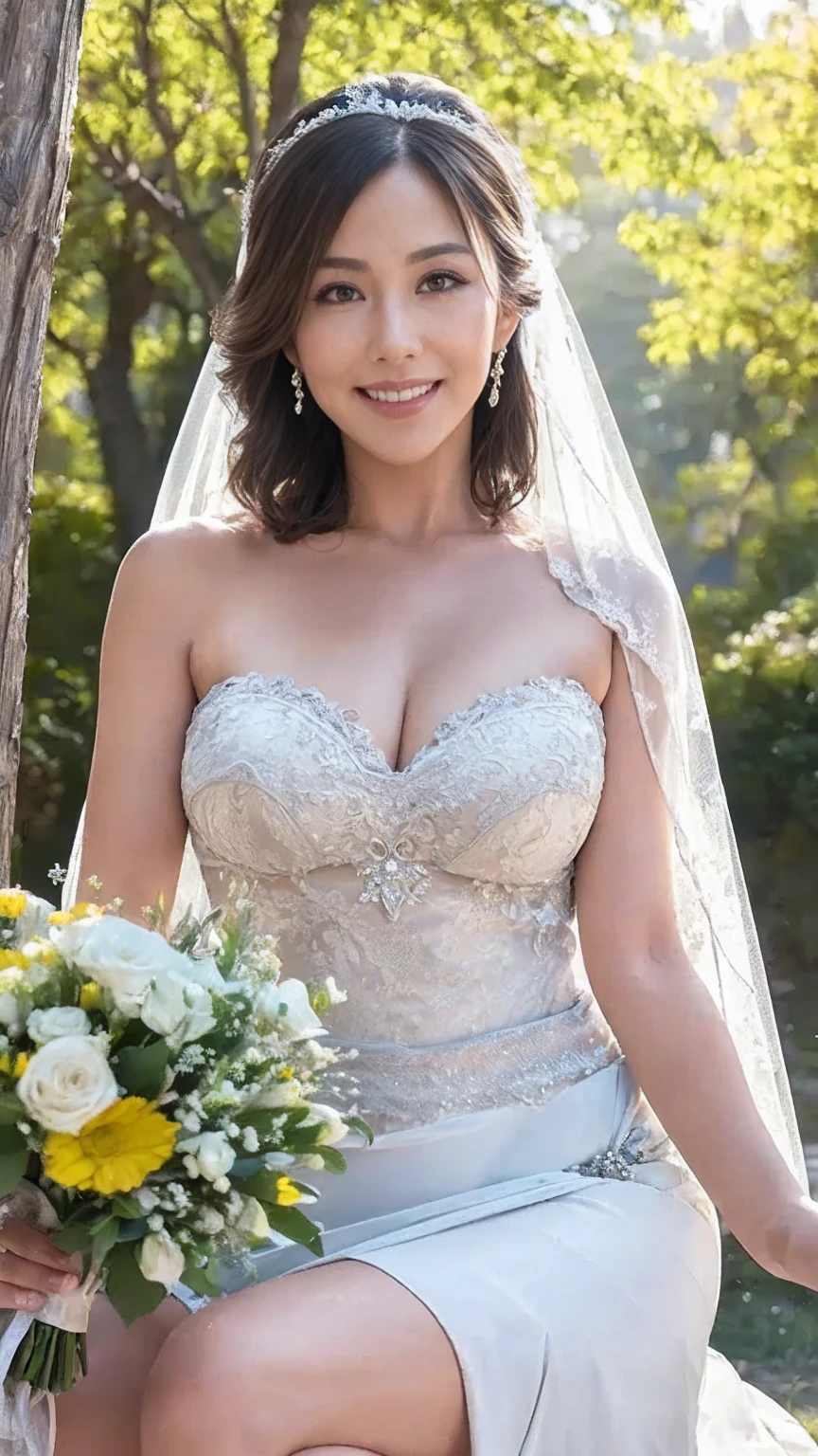 (8k, ultra-high resolution, highest quality, masterpiece:1.2), ultra-realistic, (realistic, photorealistic:1.37), (realistic skin:1.2), ultra-detailed, Canon EOS RP, 8k, Korean mature woman, smiling,((super obese:1.5)), (((super curvy,))) ((super voluptuous,)) adult model, (short hair),(bride), (wedding dress), (wedding venue), (outdoors), (wedding ceremony),