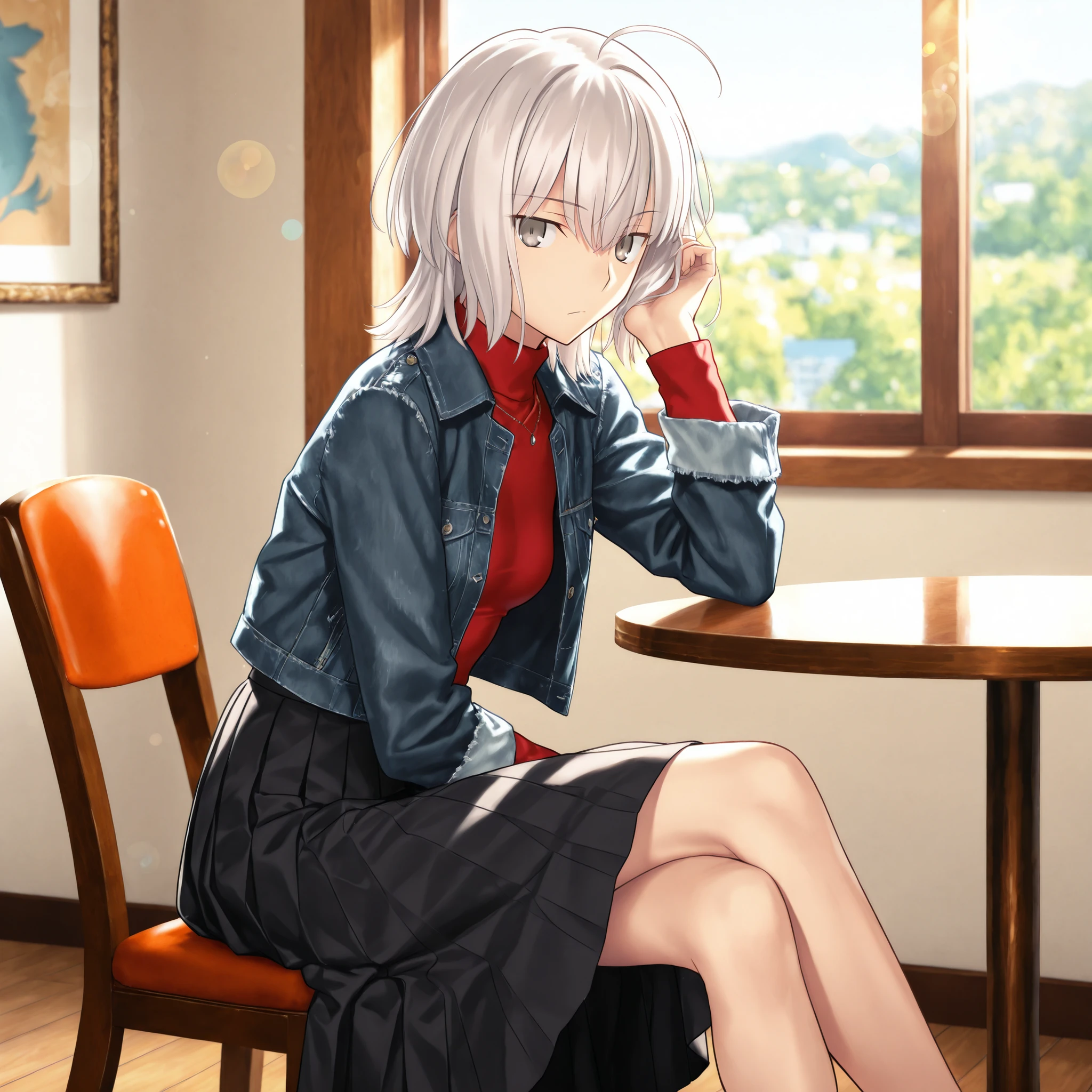 masterpiece, , absurdres, highres, detailed background, high resolution, masterpiece, necessary, detail, best quality, quality, necessary, details, High details, Precise, 8k, indoors,(),day lens flare, blurry background, from side,
1girl, , koyama hirokazu (type-moon) style, ,Takeuchi Takashi style, (aged up),((very long legs)), sitting, (mini shoulder brown bags,) ,
very tall girl, (slender body, slim arms, slim body), solo, sidelocks, hand up, elbows on table, face palm ,crossed legs ,
((wolf cut hair)), white hair, medium hair, gray eyes, jitome ,bangs, hair between eyes, ahoge, ,(open denim jacket, dark black jacket, collared shirt), (turtleneck red sweater, ), ((black pleated skirt, long skirt)), ,(small breasts),(looking at viewer), , ,