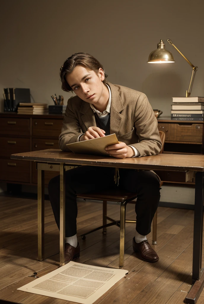 side shot made up character Tom
Holland lookalike laying into chair in office, ????? enlarged thumb slobbered on, torn suit pants, inspecting pockets, tall bookshelves behind, torn shirt, hands behind head, holding ????? thumb in torn pocket, relieved expression,