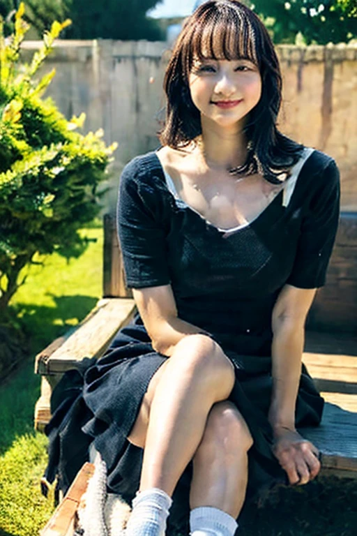 (Best Quality, 8k, 32k, Masterpiece, UHD: 1.2), Cute Japan Woman Pictures, Black Short Hair, Beautiful Face, (Slouch: 1.3), Squatting, (From Top: 1.2), (Close-Up: 1.4), POV, Loose Tank Top, Big Breasts, (Beautiful Nipple Slip: 0.9), Outdoor, Wind, Glossy Skin, Blurry Background, Necklace, Earrings, Beautiful Knees, Fine Skin, Smiling smile, attractive thighs, slippery knees