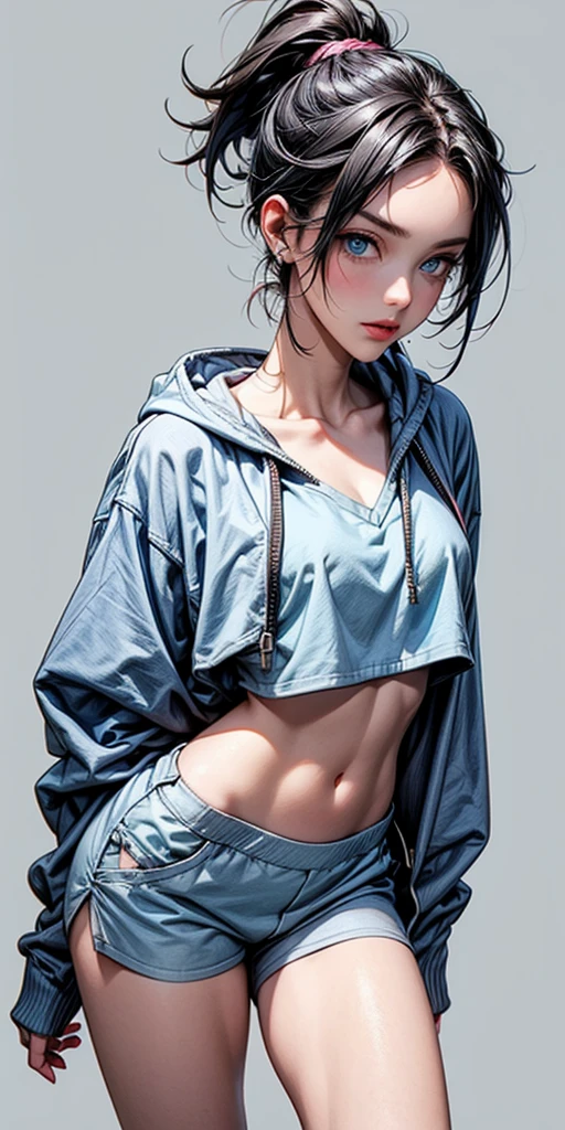 (Highest resolution, distinct_image) Best quality,mannequin，Female female， Gilet blanc，Masterpiece, Highly detailed, Half realistic,open waist，blue tanktop，blue surcoat，Black hair,High ponytail，Blue eyes, bangs, 21 years old, shoulder-lengthhair,Young,Exquisite facial features, Facial features