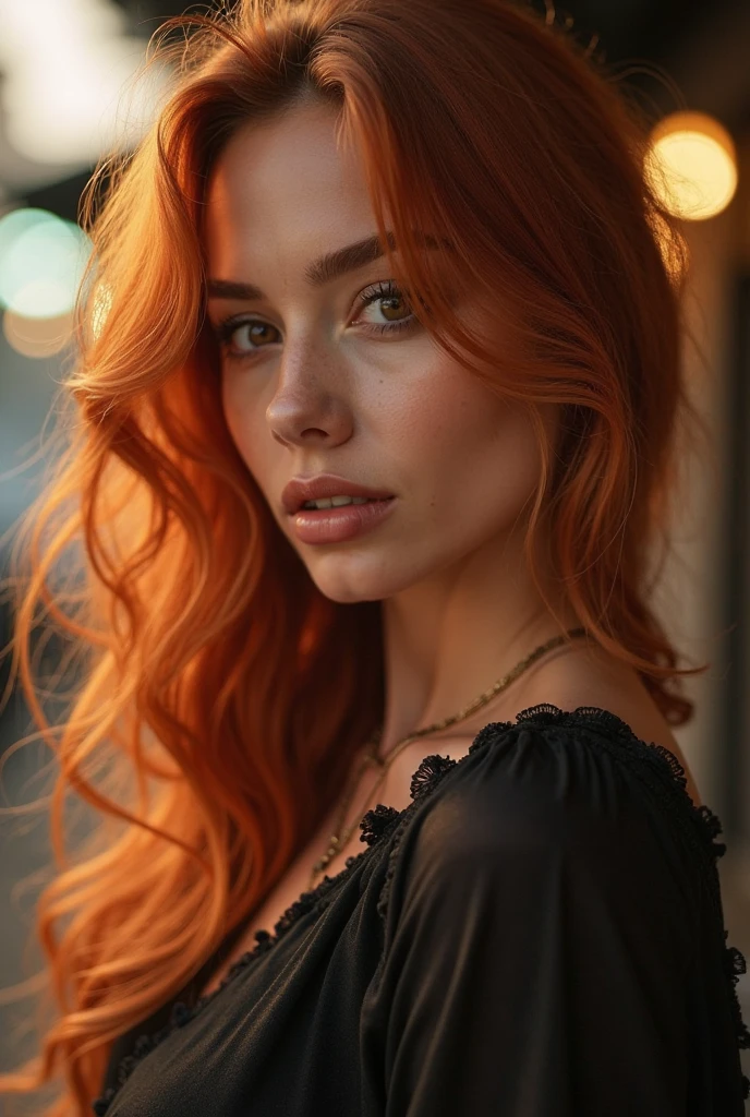 professionnel, (photo 4k:1.1), Détails élevés, Résistant (chemise serrée:1.2), beau visage détaillé, une jolie femme aux longs cheveux rouges regarde la caméra, ressemblant à l'actrice Katherine McNamara, Panasonic Lumix S Pro 50mm f/1.4, Anne Stokes, tâche de couleur, orange foncé et émeraude foncé, Ferrania P30, photo réaliste, (jolie jeune femme:1.3), (séduisant:1.1), (rougir:1.1), forme du corps en sablier, gros seins ronds, Hanches larges, en arrière-plan la ville, prendre un selfie, Résistant jumper