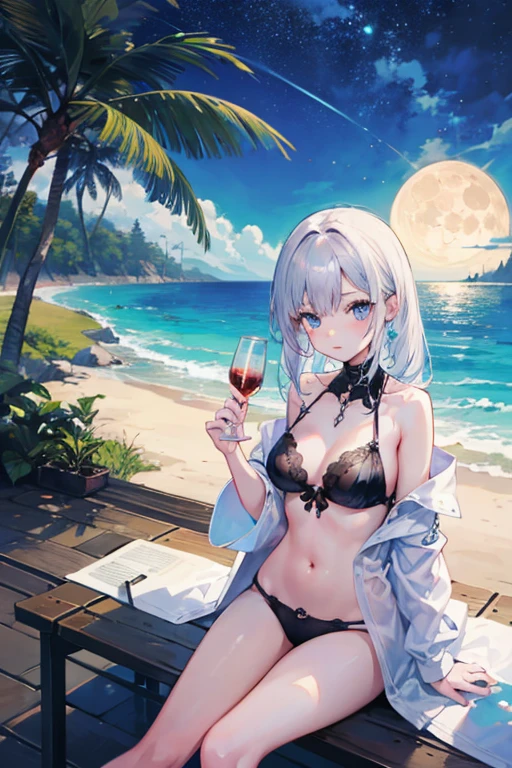 realistic, 1girl, ponytail, parted lips, blush, makeup, light smile, white hair, swimwear, bikini, holding wine glass, wet , glow, thighs, purple eye, bare shoulders, collarbone, narrow waist, starry skies, moonlight, roses foreground, wind, cleavage, (masterpiece), sweat,