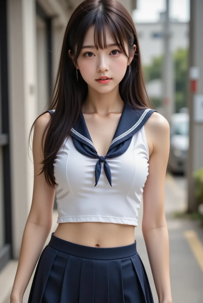 Woman in classroom, ((white crop top sailor suit)), blue student skirts, open navel, open belly, (show abdomen area), ((((arms crossed over chest)))), crying , ((got canning by a man))