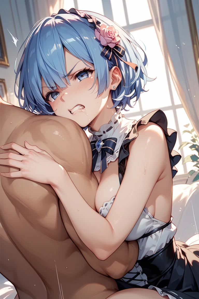 (masutepiece, Best Quality, hight resolution, nffsw, Perfect Pixel, depth of fields, 4K), Beautiful anime girl, Perfect body , ,(cum on body:1.6) , (bukkake:1.6), , Eft_ReZero_Rem, rem (re:zero), blue hair, , blue eyes, roswaal mansion maid uniform, short hair, maid, hair over one eye, hair ornament, breasts, detached sleeves, ribbon, x hair ornament, cleavage, hair ribbon, , maid headdress, pink ribbon, , parody, , neck ribbon, frills, bangs, black ribbon, (large boob:1.2) ,, ,,nsfw,(ecstasy:1.3) ,(slut:1.2),(vulgarity:1.3),(fucked silly:1.1),(steam:1.1),(wet:0.8),(trembling:0.8),(tears:0.7) ,(drooling:0.6),(sweat:0.8), wince,(orgasm:1.5), {{{{{knees to chest}}}}} ,,{{{{{from directly above}}}}},{{asymmetrical docking}},{{boy's lower body}},{{{{girl's face and nipples and navel}}}},{{navel forcus}},{{{{pov}}}},{{{very close to viewers}}},,{excessive cum, intercourse with a man,full body,,,from front,{cum bussy}, hetero, cum, socks,[dakimakura(medium)],{{girl's liying on back}},faceless male,looking at viewer,{{facing viewer}},hetero,on bed,1girl and 1boy,nsfw,{{single picture}}, girl's hands down, girl's arms behind back, hands out of frame,,,,, (1 boy:1.8),,(hardcore,sex:1.8),
