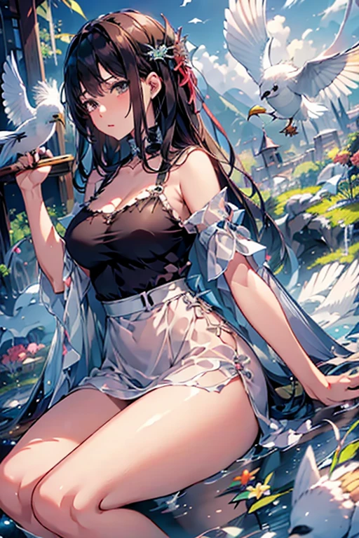 (Highly detailed CG Unity 8K), (best quality),(Very detailed),(ultra high resolution), Extremely detailed faces,handcuffs,collar,fox ears,1 female, White cloth gag, , White latex lace bikini, rope, breasts rope, hands back rope, leg rope, thigh rope, bust rope, feet rope, Place your arms behind your waist, tie wrists, ankle, white skirt, black hair, straight hair, lying on the grass,BDSM,Bright meadow,wilderness,