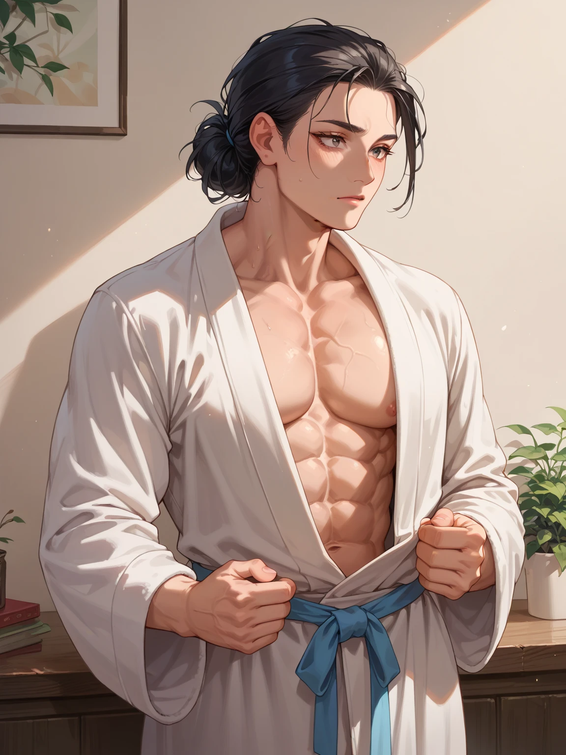 masterpiece, 1boy, adult, handsome, black hair, undercut hair, perfect face, detailed eyes and face, black eyes, clean shaved, muscular, capturing a rural atmosphere, dynamic lighting, unreal engine 5, hd picture, cowboy hat
