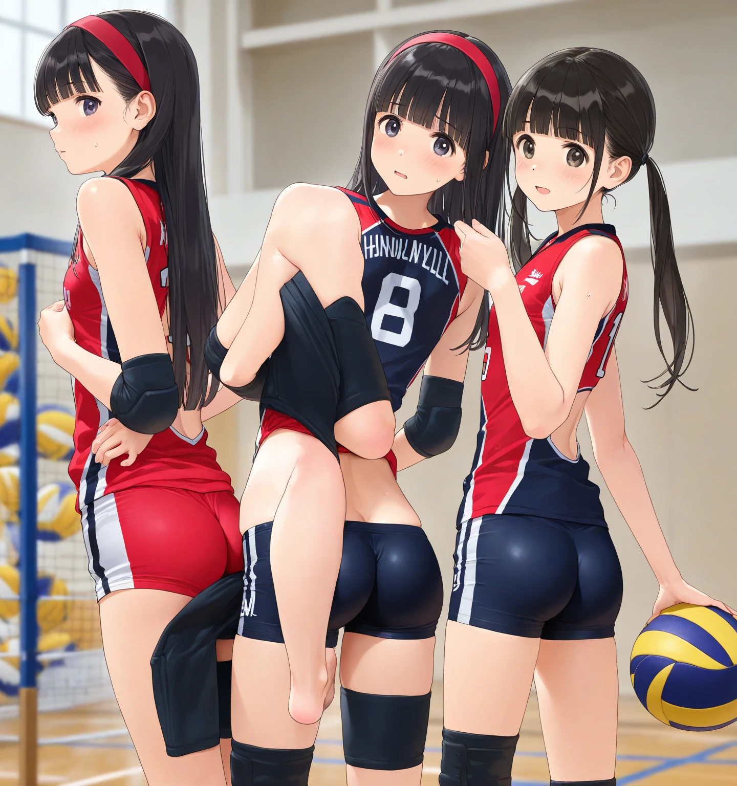 (masterpiece, best quality: 1.2), pretty girl, 18 yo,short hair,(medium breasts), slender, detailed eyes, beautiful legs, slim-legs,shiny skin, blush,panicked look,blush,(detailed wearing volleyball uniform),(detailed bottom full-buruma), (volleyball court),(playing volleyball:1.2),sneakers,