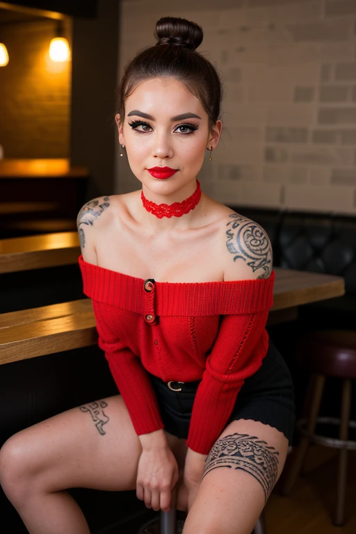 ((best quality)), ((masterpiece)), ((realistic)), ((ultra high res)), ((UHD)), (high details), perfect face, ((photorealistic:1.4)),
an Indonesian milf, (square faced),
textured skin, makeup face (eyebrows, eyeliner, lipstick, blush on, eyelashes),
((plump_body)),
short hair bun, choker,
red sweater off the shoulder, short_slit_skirt,
sitting on a bar stool,
doing a photo shoot in small bar at home,
dynamic pose, faint smile, looking at the viewer, sharp focus,
full body photo, (Bokeh),
((chest_tattooed)),