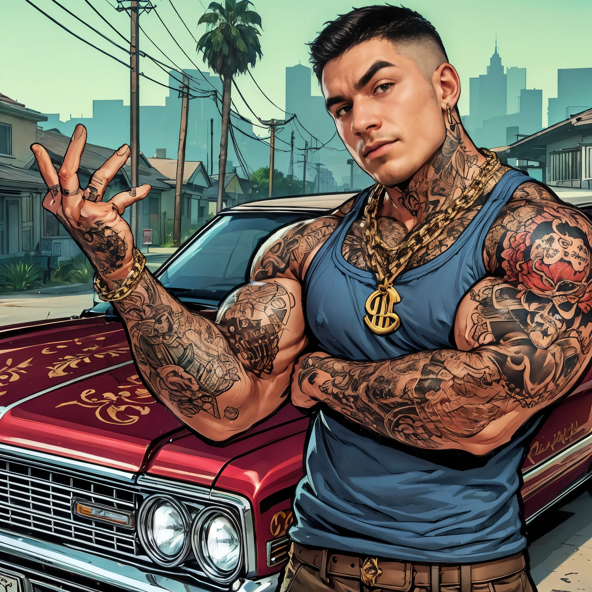 Tattooed gangster in a tank top, gold chains, flexing his muscles, standing beside a lowrider car, ultra realistic, HD Quality, 8K