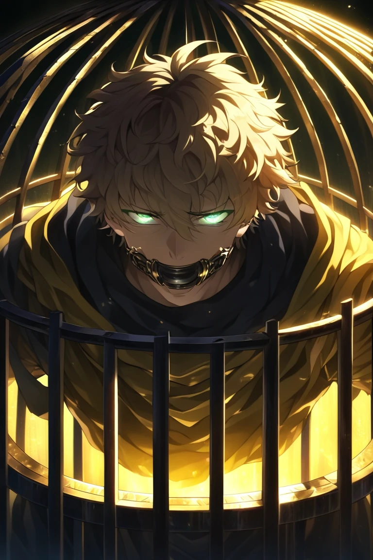 absurdres, highres, ultra detailed, HDR, master piece, best quality, perfect face, beautiful eyes, delicate features, Quincy, blond messy hair, expressive amber eyes, Nu Carnival, solo, sexy man, handsome, prisoner orange clothes, orange pants, black metal mask over the mouth, black collar, underground dungeon, cell bars