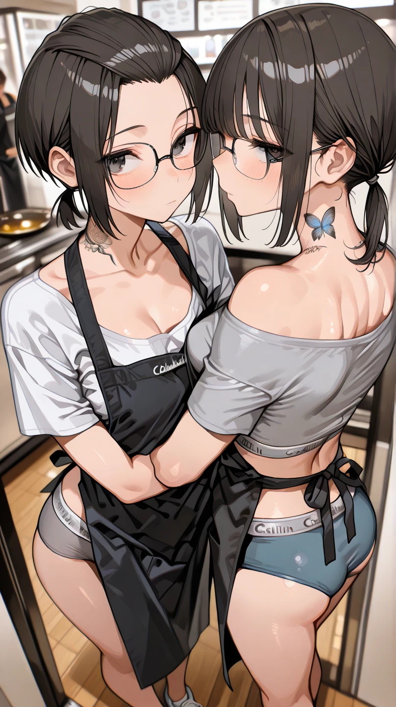 Anime Screenshot, in bedroom, sitting on bed, chubby, 2 girls, milf, shy, pudgy face, relaxed eyes, dark green hair, ponytail, bra, groping, sticking tongue out of mouth, sweating, nervous smile, slightly open mouth, huffing breath, wearing jeans, nervous expression, kissing, heart eyes