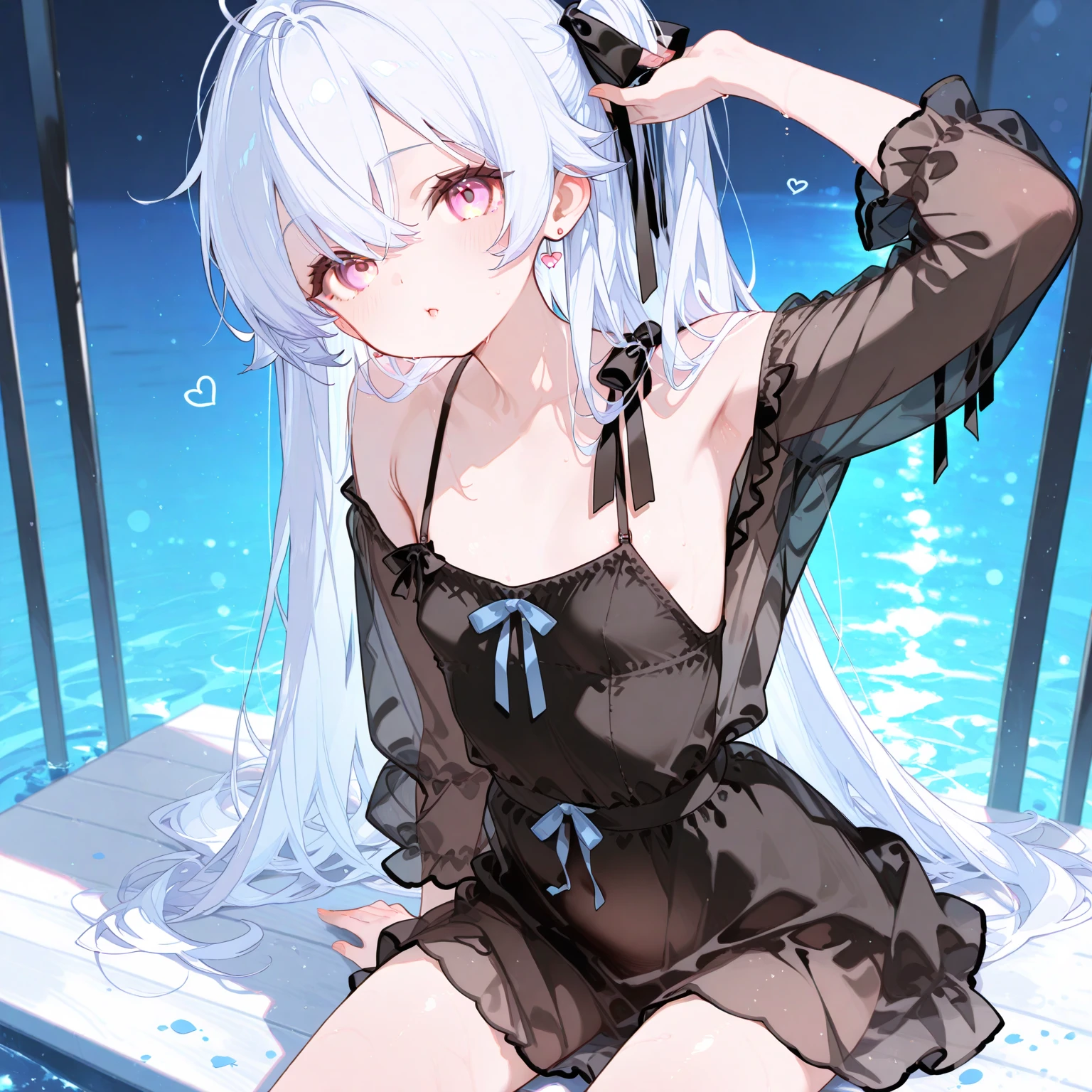 Anime girl in black and white clothes sitting by the pool, [ 4k digital art ]!!, dress, , Enchanting anime girl, Splash art anime , guweiz on pixiv artstation, Smooth anime CG art, Guweiz on ArtStation Pixiv, Anime girl crouching