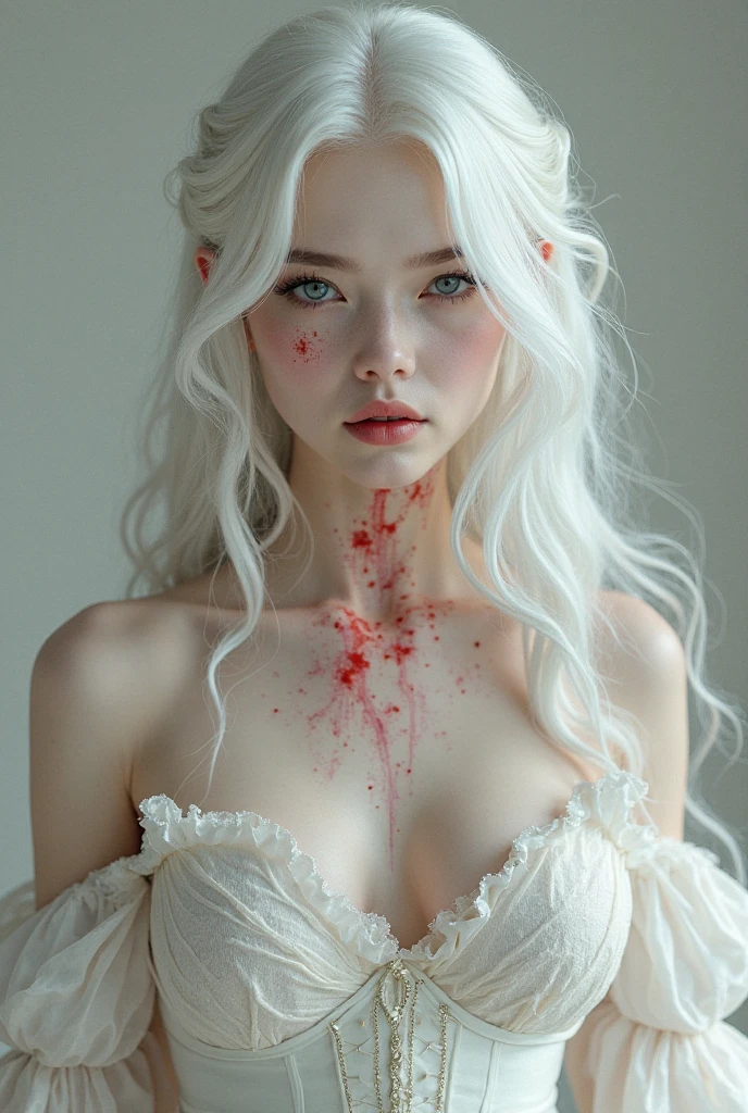 Make a woman with long white hair, her hair is wavy, that is dressed in white, that has blood on his hands and in his mouth. , that the dress may have a little blood on it 