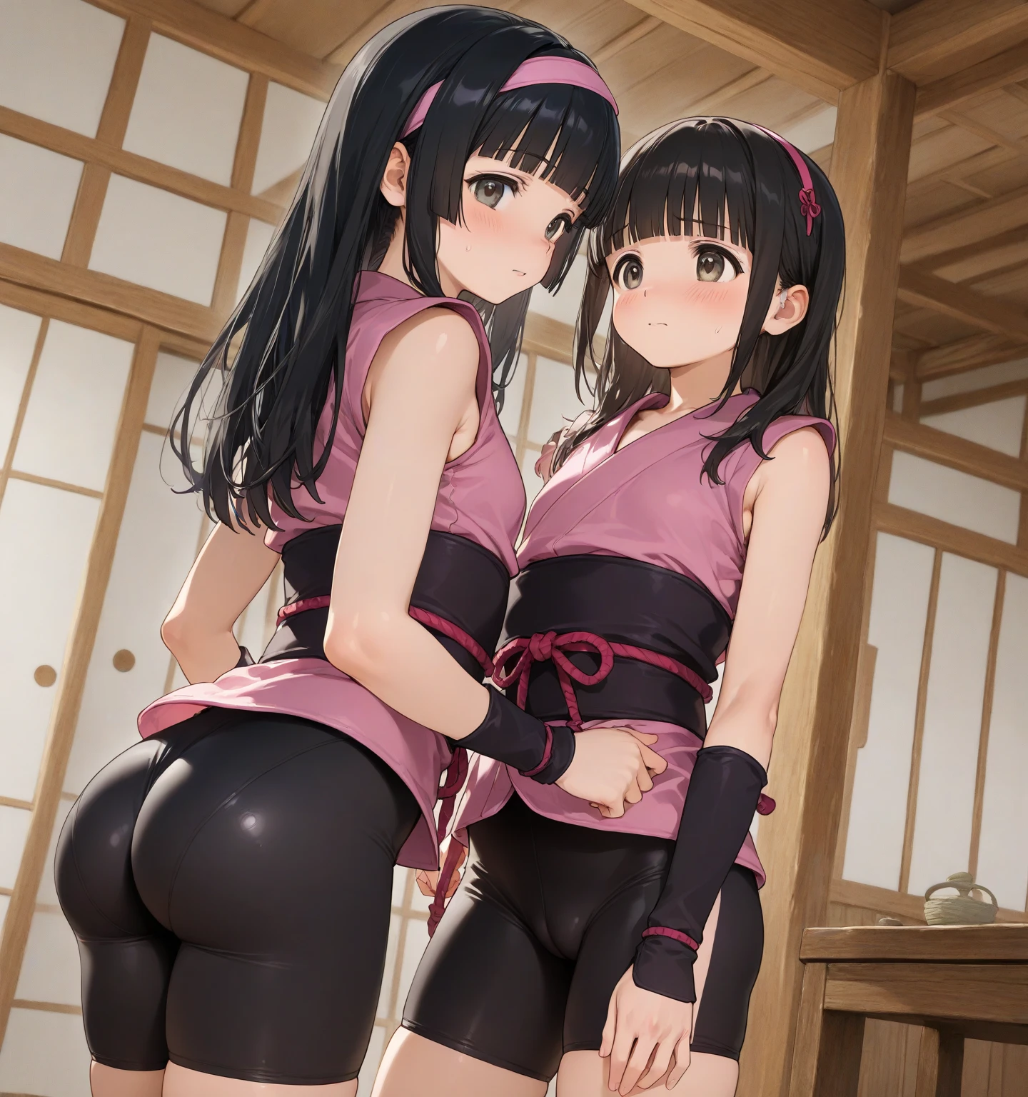 nipples, 2 girls, 12 years old girls, pussy exposed, small breast, ((cleft of venus)), embarrassed, indoor, shoji, tatami, slim legs, slim girl, from below, licking pussy, one girl bend over kneeling, one girl is standing, hand on another head, (masterpiece:1.2), highest quality, High resolution, black hair, Perfect lighting, Highly detailed CG, (Perfect hands, Perfect Anatomy)