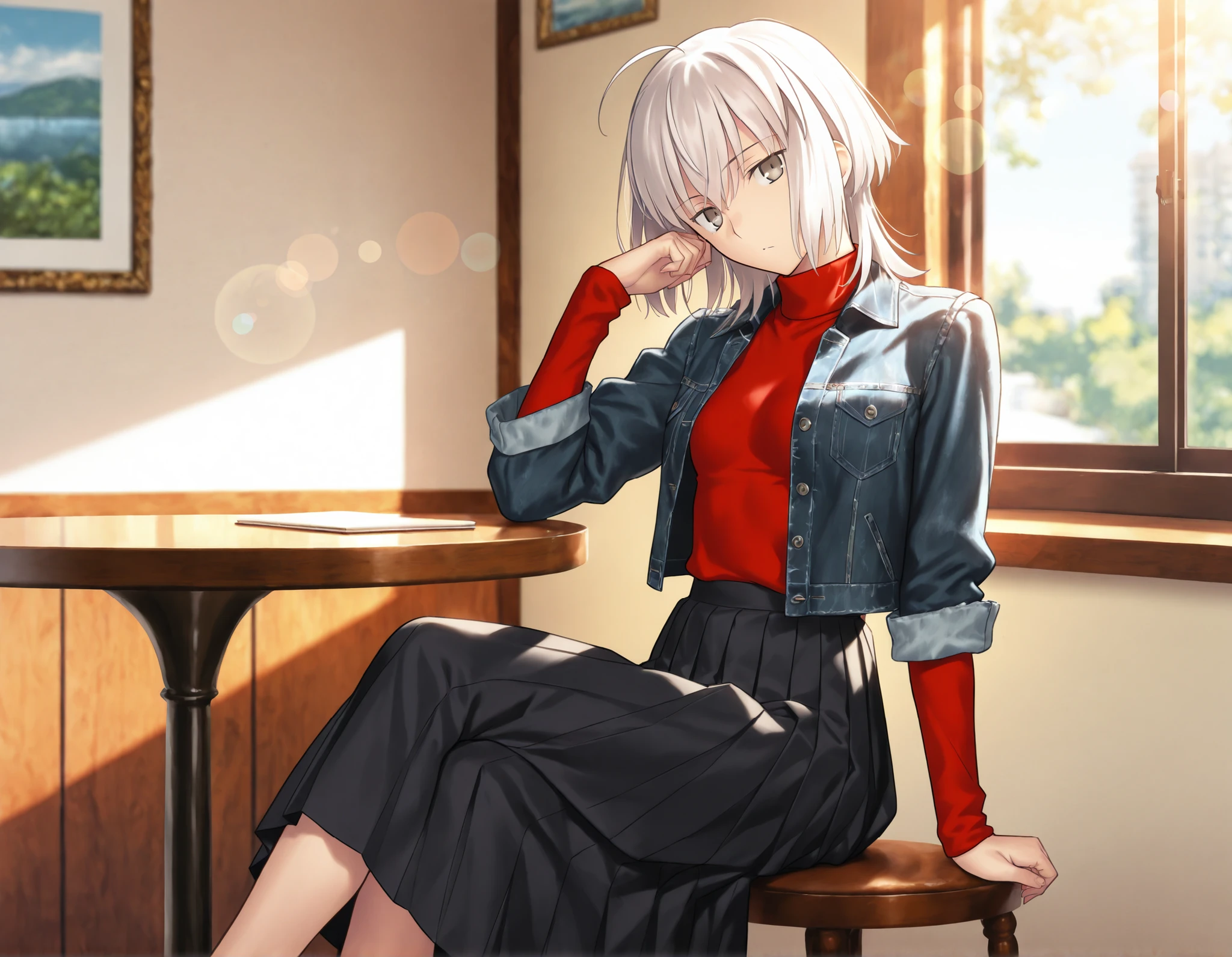 masterpiece, , absurdres, highres, detailed background, high resolution, masterpiece, necessary, detail, best quality, quality, necessary, details, High details, Precise, 8k, indoors,(),day lens flare, blurry background, from side,
1girl, , koyama hirokazu (type-moon) style, ,Takeuchi Takashi style, (aged up),((very long legs)), sitting, (mini shoulder brown bags,) ,
very tall girl, (slender body, slim arms, slim body), solo, sidelocks, hand up, elbows on table, face palm ,crossed legs, head tilt, ,
((wolf cut hair)), white hair, medium hair, gray eyes, jitome ,bangs, hair between eyes, ahoge, ,(open denim jacket, dark black jacket, collared shirt), (turtleneck red sweater, ), ((black pleated skirt, long skirt)), ,(small breasts),(looking at viewer), , ,