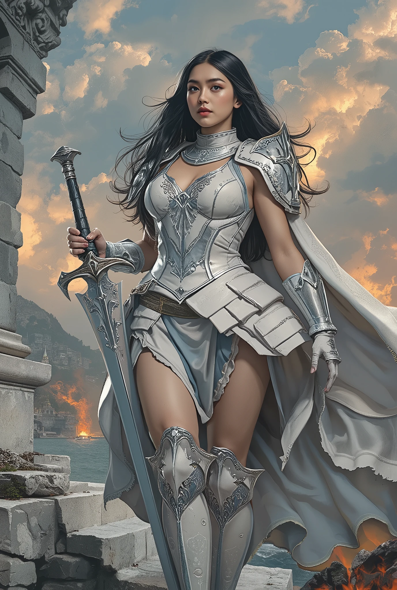 A majestic and muscular female knight standing tall at 180cm, with a statuesque, athletic build and commanding presence — wearing radiant pearl-white full plate armor with elegant silver filigree and subtle iridescent sheen, her long dark hair flowing behind her in the wind, piercing eyes filled with strength and compassion, her armor reflecting soft ambient light, standing on a stone battlefield or holy temple steps, a massive sword resting at her side, cape fluttering behind her, inspired by heroic fantasy realism and female warrior iconography, high-detail character portrait, painterly textures, powerful and noble presence