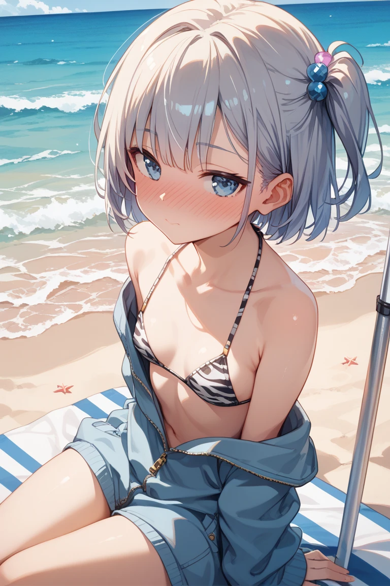 A girl looking up at me、On my knees、Swimsuit